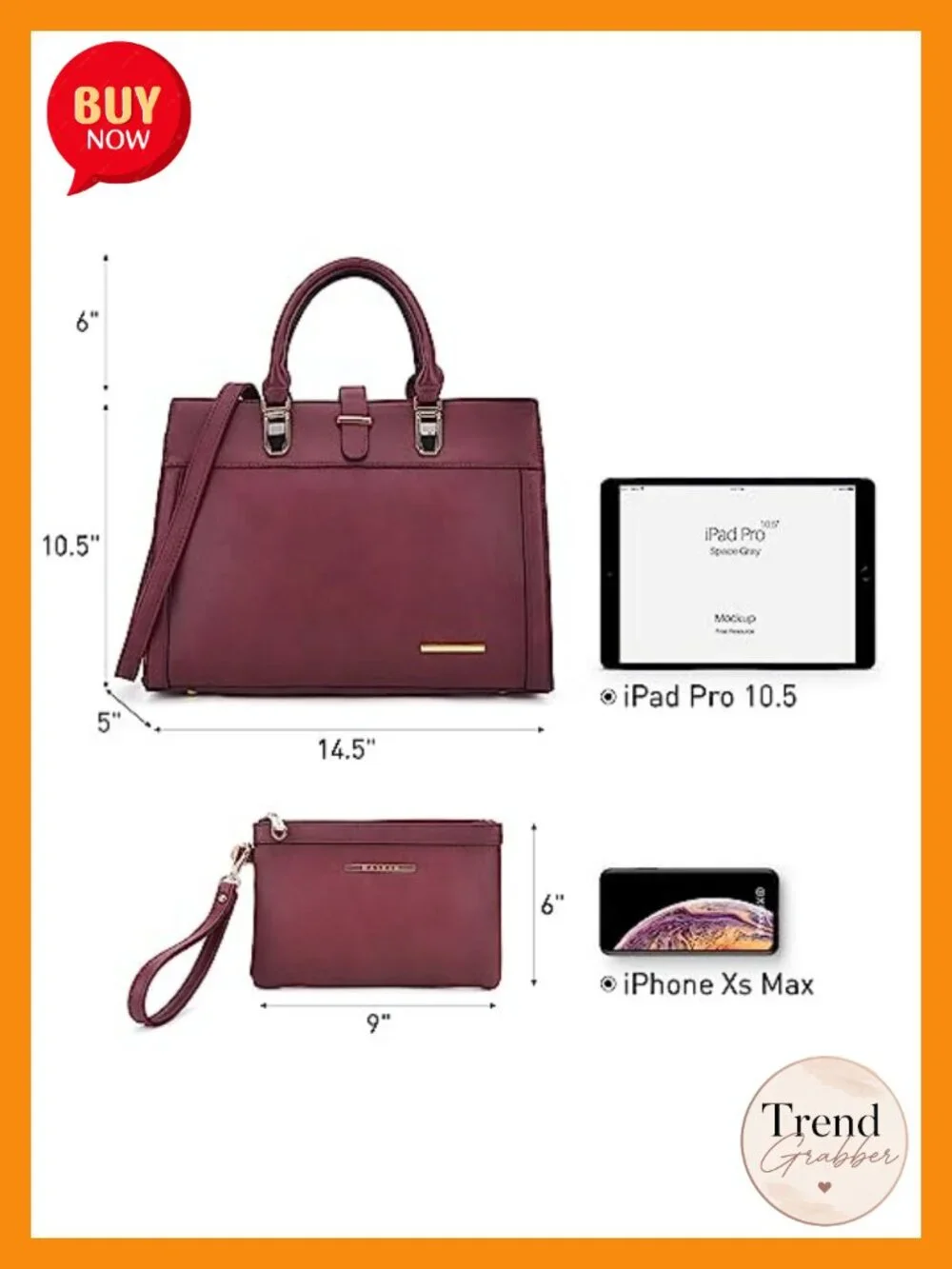 Vegan Leather Satchel Handbag with Matching Wristlet, Top Handle & Crossbody